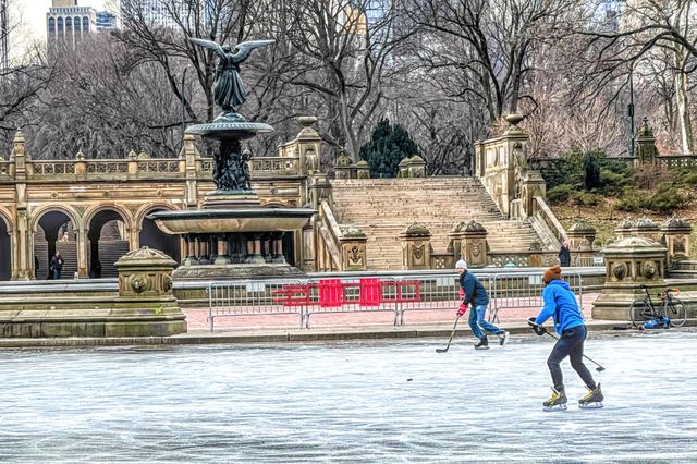 A photo of people ice skating on the frozen Central Park lake